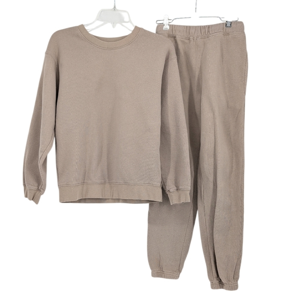 Parachute 2 Piece Lounge Jogger Set Tan Taupe Brown Cotton USA Top M Bottom S